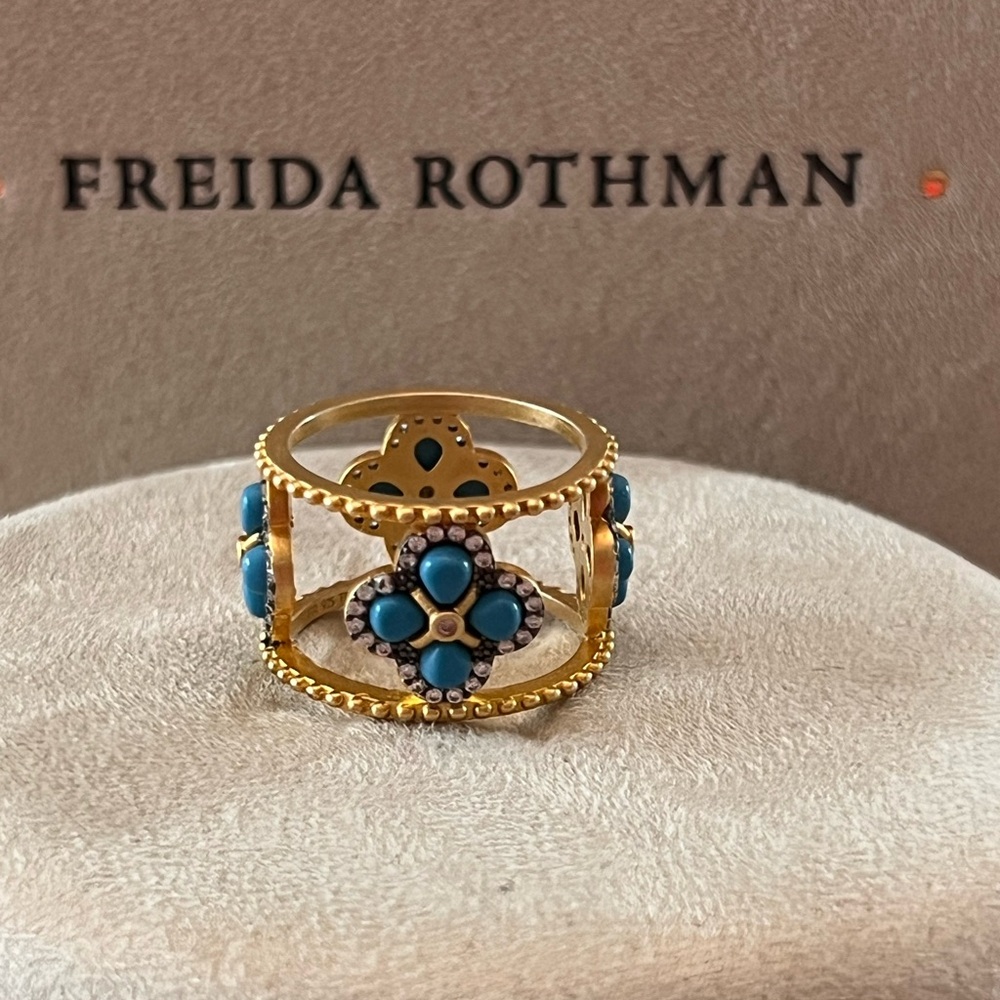 Freida Rothman Gold over sterling silver Turquoise Floral Band Ring Sz 8.5
